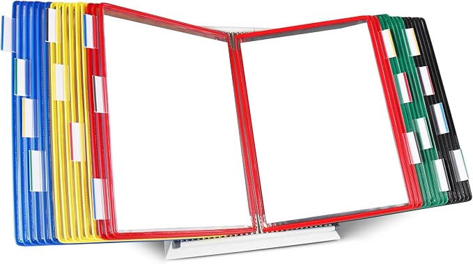 Tarifold Desktop Reference Display System, 30 Pockets, Expandable, Assorted | 30 double-sided PVC pockets, holds 60 letter-size sheets, sturdy metal base, quick-find indexing, quick and easy to assemble