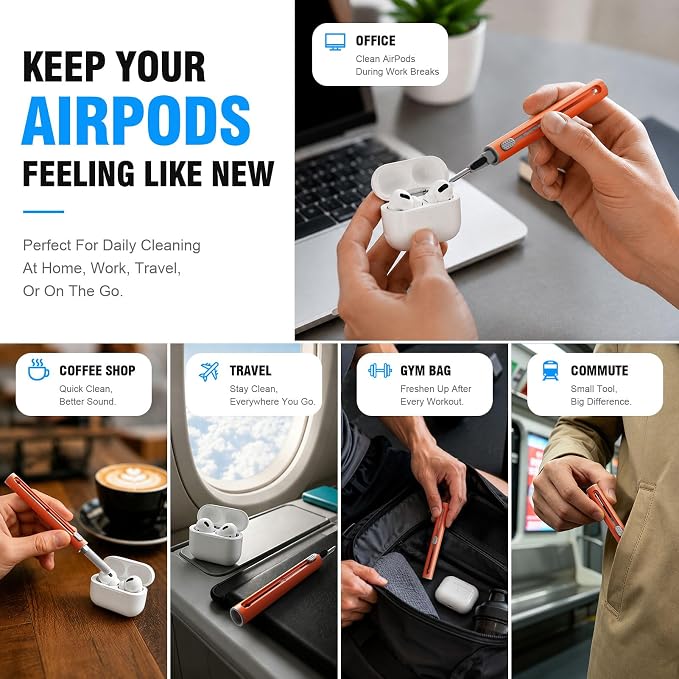 Hyashee Cleaner Kit for Airpods Pro 1 2 3 Multi-Function Cleaning Pen with Soft Brush Flocking Sponge for Bluetooth Earphones Case Cleaning Tools (Orange)