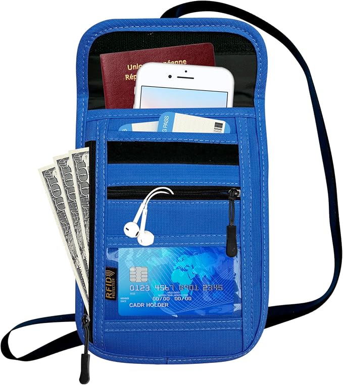 RFID Blocking Travel Neck Wallet Pouch and Passport Holder, Travel Neck Pouch Passport Holder for Women & Men - Blue