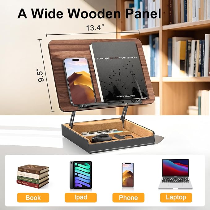 Book Stand with Storage, Book Holder for Reading Hands Free | Wooden Cookbook Stand for Kitchen Counter, Adjustable Reading Stand for Desk, Recipe Stand, Book Prop for Book Lovers