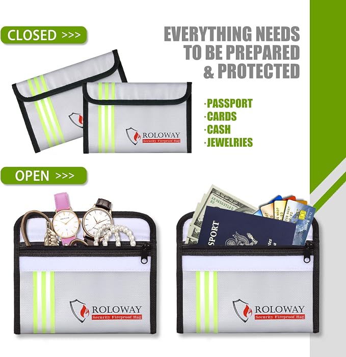 Small Fireproof Bag (5 x 8 inches) with Reflective Strip, Non-itchy Fireproof Money Bag for Cash, Valuables, Passport, Currency & Keys (2-Pack Silver)