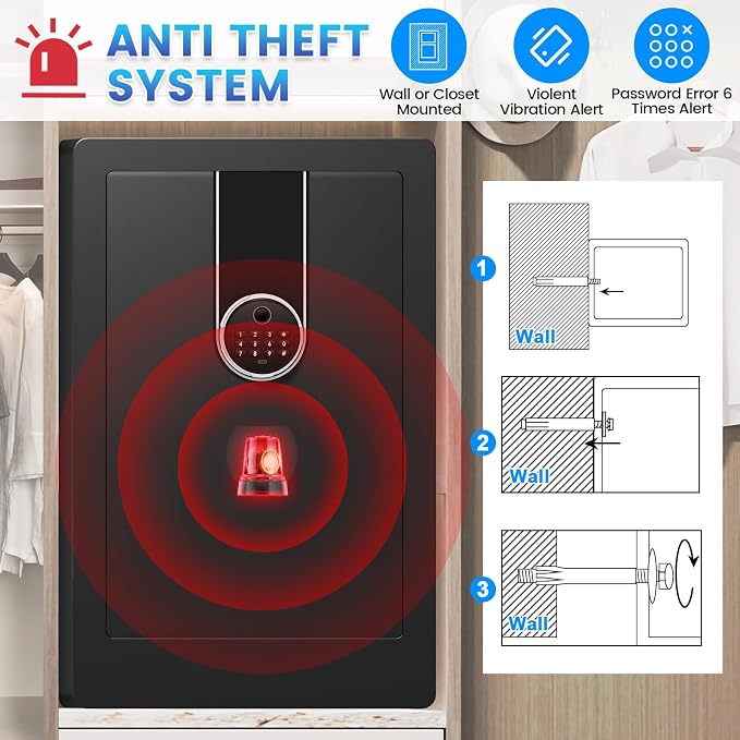 5.5 Cuft Large Biometric Safe For Home, Heavy Duty Safe Box | with Fingerprint & Keypad Dual-alarm system and 3 Movable Shelves , Large Document Safes for Money Jewelry