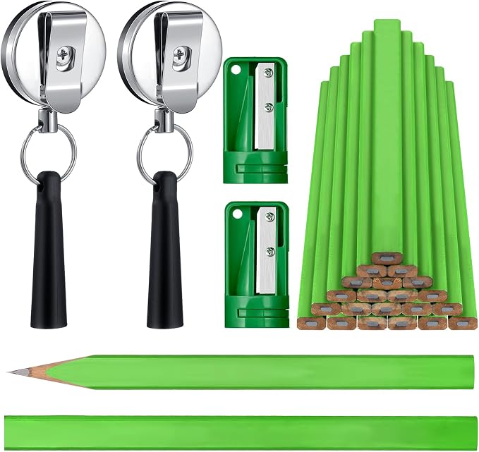Honoson 24 Pcs Carpenter Pencil with Sharpener,Green Cover, Black Refill | Construction Pencils for Jobsite, Octagonal Flat Design Prevents Rolling, Black Refill Clear Marking, Retractable Pen Holder