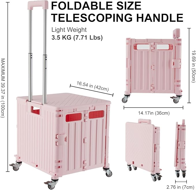 MACOPRO Folding Utility Cart Portable Rolling Crate Handcart Shopping Trolley Collapsible Tool Box, with Lid, Basket on 4 Rotate Wheels, for Grocery, Shopping, Office, Teacher (Pink)