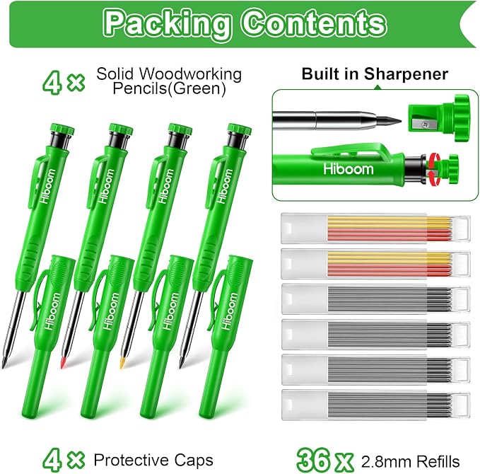 Hiboom 4 Pack Carpenter Pencil with 36 Refills Built In Sharpener (Green) | Concrete Wood Metal, Deep Marking, Multi-Color Refills, 2.8mm Lead, Construction Work, Waterproof, Carpenter Builder DIY