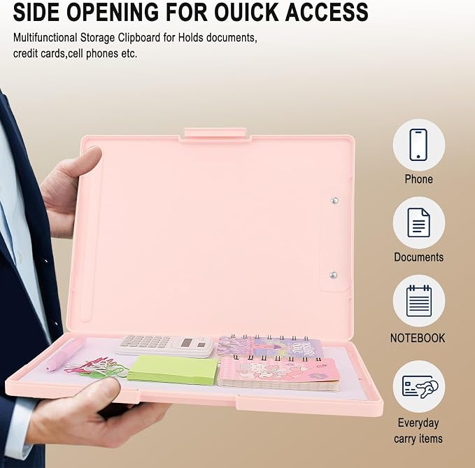 SFLHHDM Clipboards with Storage, Storage Clipboard with Low Profile Clip, A4 Binder Clipboard Folder, Waterproof Nursing Clipboard, Smooth Writing Clip Board Office Supplies (Side Opening-Pink)