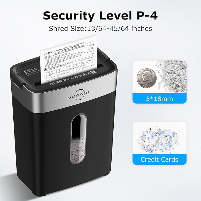 Bonsen 10-Sheet Cross Cut Paper Shredder for Home Office Heavy Duty | P-4, Portable Handle, 4 Gallons Bin, Paper and Credit Card Shredder, Black (S3201 New Version)