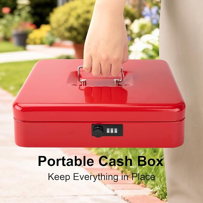 Jssmst Cash Box with Money Tray and Lock - Red Cash Box with Combination Lock Safe Money Box Large, Locking Cash Register Drawer Box, 11.8'' x 9.5'' x 3.5'', SM-CB005RED