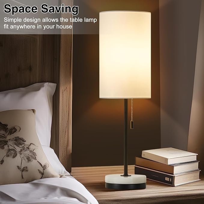 Luvkczc 18" Minimalist Table Lamp Set of 2, Nightstand Lamp for Bedroom Living Room, Modern Pull Chain Bedside Lamp with Marble Base, Fabric Shade, Small Desk Lamp for Home, Office, Reading