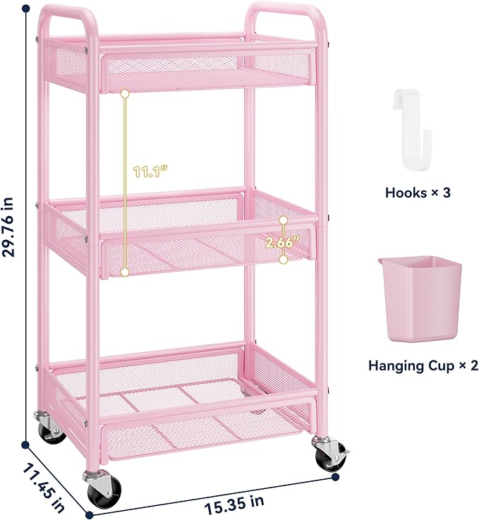 3 Tier Metal Rolling Cart, Pink Utility Storage Cart with Wheels | Metal Mesh Craft Cart With Hooks & Hanging Cups, Ideal For Kitchen, Bathroom, Office, Dorm, Art Workspace, Bedside Storage