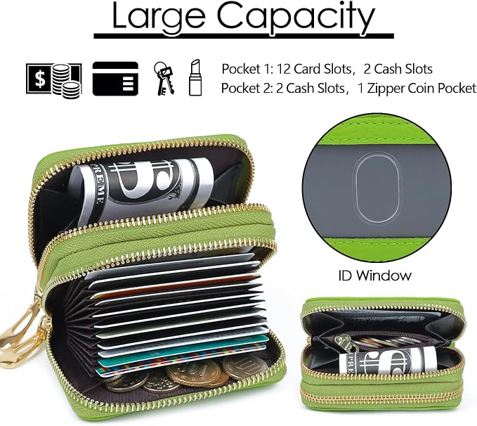 imeetu RFID Credit Card Holder, Small Card Wallet Women, Leather Card Case | Genuine Leather Women's Card & id Cases, Change Coin Purse with Zipper Keychain id Window, 20 Colors & 3 Styles, Daily, Gifts