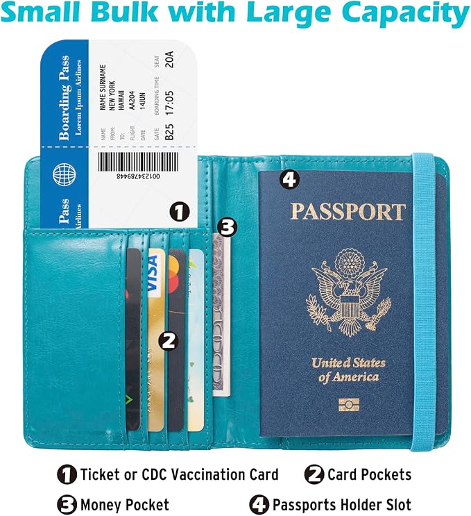 Passport Holder for Travel Men, RFID Blocking Passport Wallet Cover Case, Waterproof Leather Travel Wallet for Men Women, Document Protector for Traveling Accessories-Lake Blue