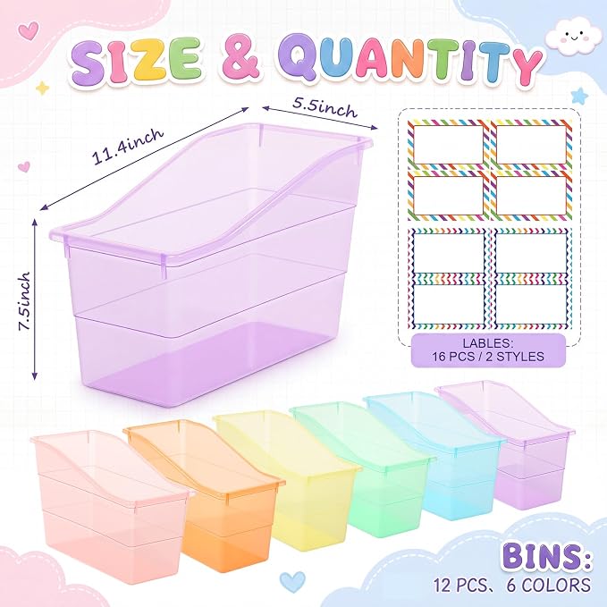 Blosssound 12 Set Book Bins for Classroom Stackable,Translucent Pastel | Plastic Baskets with Labels, Slanted Front, Library Supplies Organizers, Desktop Storage Bins, Teachers Home School Use
