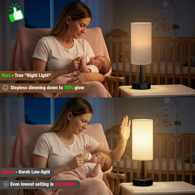 Beige Touch Bedside Lamp for Bedroom, Stepless Dimmable, USB A+C, AC Outlet | Base Touch Button Only, Memory Brightness, Ultra-dim Night Light, Included Bulb for Optimal Dimming, Beige Fabric Shade, Desk
