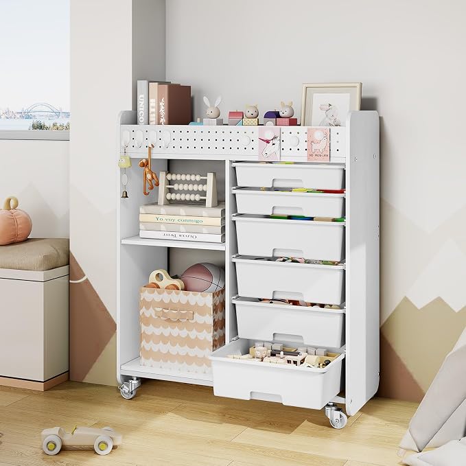 Rolling Craft Cart with 6 Drawers, Pegboard and Locking Wheels White | Ample multi-zone storage, 2 open shelves, art cart for classrooms, homeschool and offices, sturdy wood-metal frame
