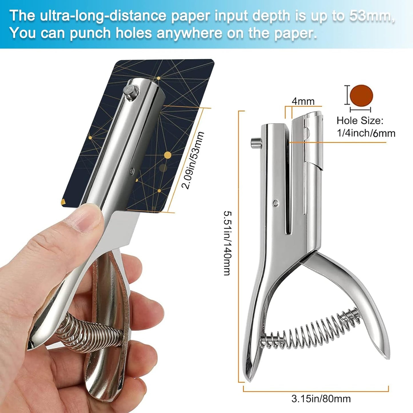 Single Hole Punch 2 Inch Reach Deep Throat Heavy Duty Tab Zinc Alloy Silver Long 1/4 Inch Hand Held Leather Punch for Scrapbook Paper ID Card PVC Badge Photos