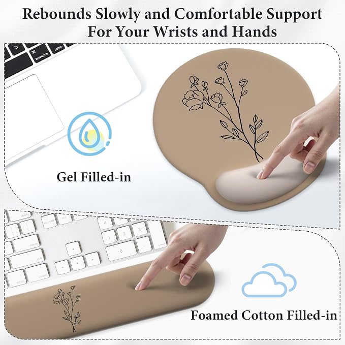 3 in 1 Ergonomic Mouse Pad and Keyboard Wrist Rest with Coaster Set-Brown | Cute Large Mousepad with Gel Wrist Support for Gaming Computer Laptop Women Office Home Desk Decor