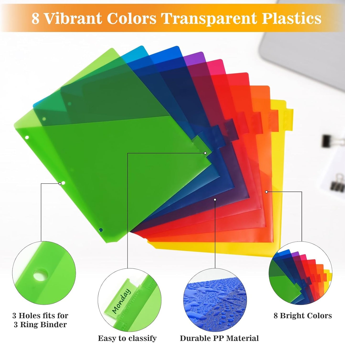 8-Tab Dividers for 3 Ring Binder, 24 Count Binder Dividers with Pockets, Subject Dividers, 3-Hole Plastics Sheets Protectors for US Letter Size in 0.5", 1",2" Binders, Vibrant 8 Color, 3 Packs