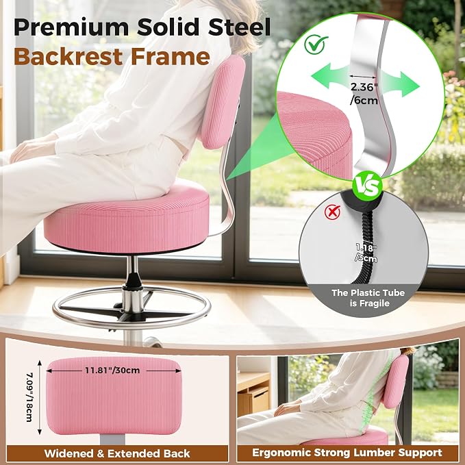 Office Drafting Chair with Footrest, Tall Height Adjustable Stool with Back Support, Heavy Duty Rolling Stool Chair with Wheels for Office Home Kitchen Bar Shop Guitar Studio Vanity, Pink