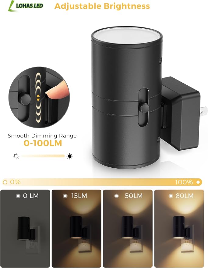 L LOHAS LED Night Light Plug in, Modern Night Lights Plug into Wall, Dusk to Dawn Sensor, Soft White 3000K, 0-100LM Adjustable Brightness, Dimmable Night Lights for Hallway Bedroom Stairway, 2 Pack