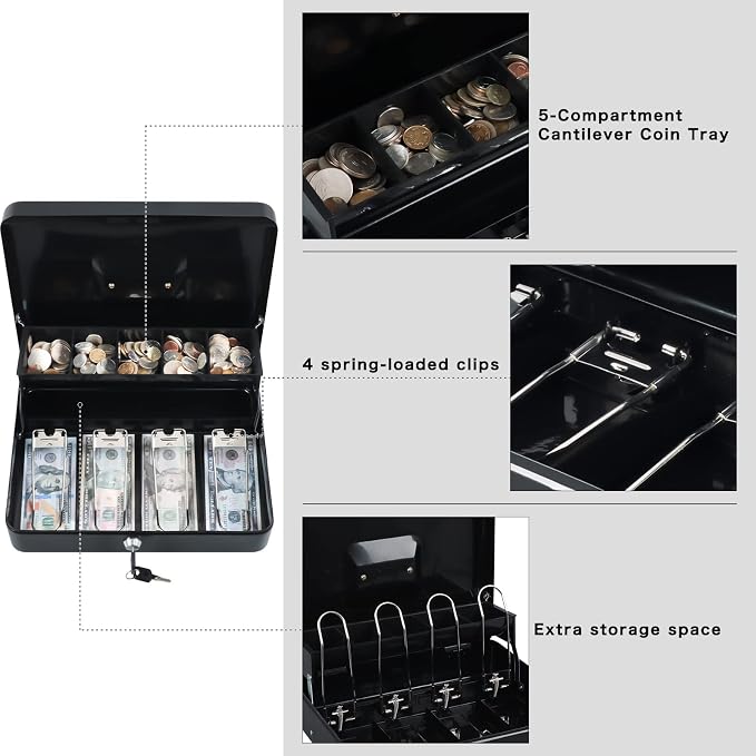 xydled Cash Box with Money Tray and Key Lock,Tiered, Cantilever Design,4 Bill / 5 Coin Slots,11.8" x 9.5" x 3.5",Black