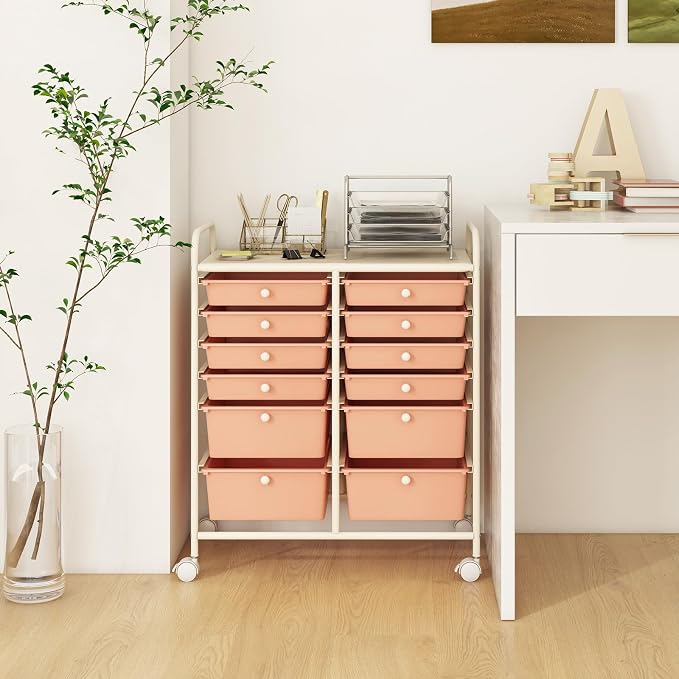 12 Drawer Rolling Storage Cart, Craft Cart Organizer on Wheels w/Metal Frame, Large Capacity & Smooth Drawer, Rolling Cart w/Drawers for Classroom, Office