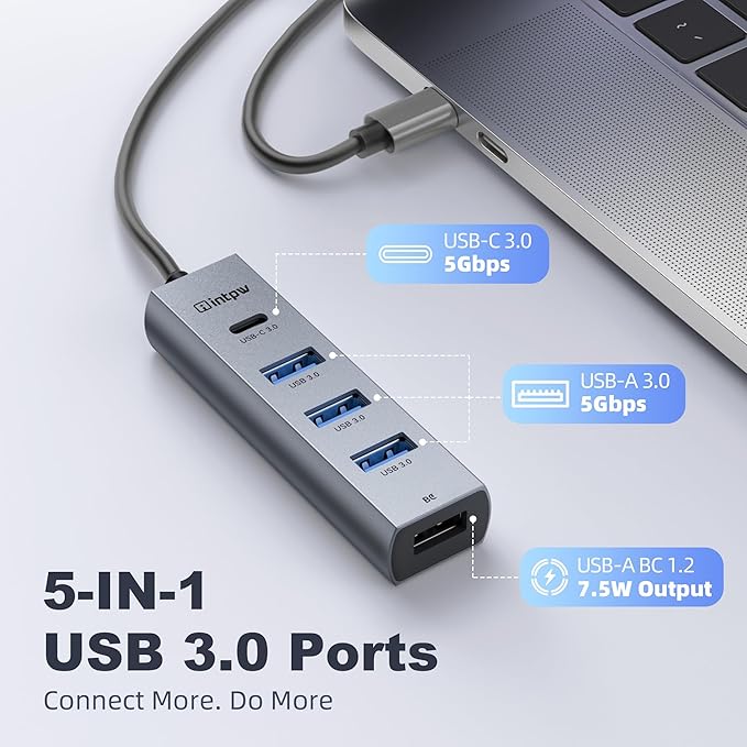 intpw USB C to USB A Hub Long Cable 4 Ports Type C Hub USB 3.0 5Gbps Aluminum Adapter Multiport USB C Hub for Laptop, Mac, iPad, PC (3.94FT(5in1,BC))