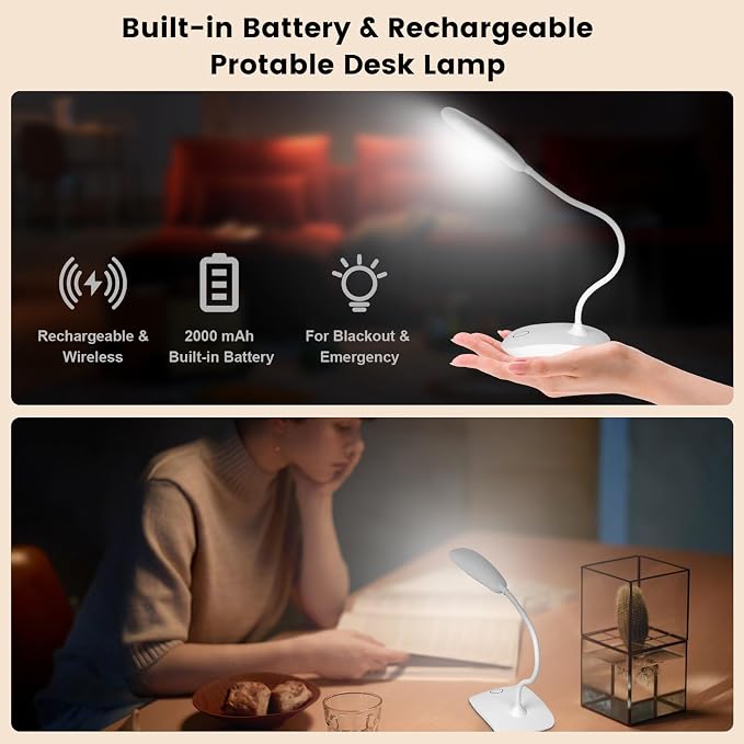 Portable Battery Powered Desk Lamp Small Rechargeable LED Table Light | 400 Lumen Eye Care,3 Color Temperatures,Stepless Touch Dimming,360° Adjustable for Nail Study Dorm Office Bedroom,White 1 Pcs