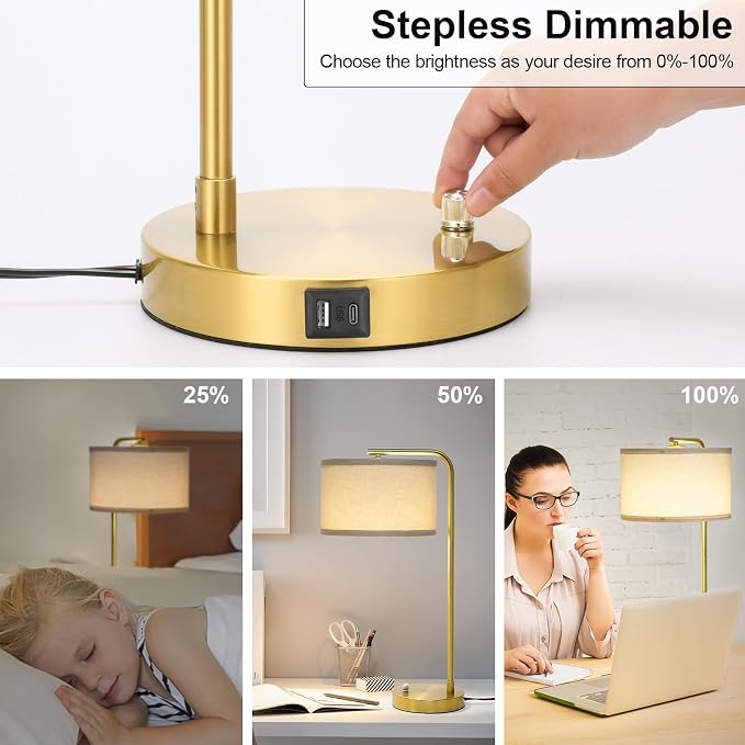 Mordern Gold Table Lamp, Fully Dimmable Bedside Lamp with C+A USB Ports | 25" Tall Nightstand Lamp, Desk Lamp with Beige Drum Shade, Side Table Lamp for Living Room Bedroom Office, LED Bulb Included