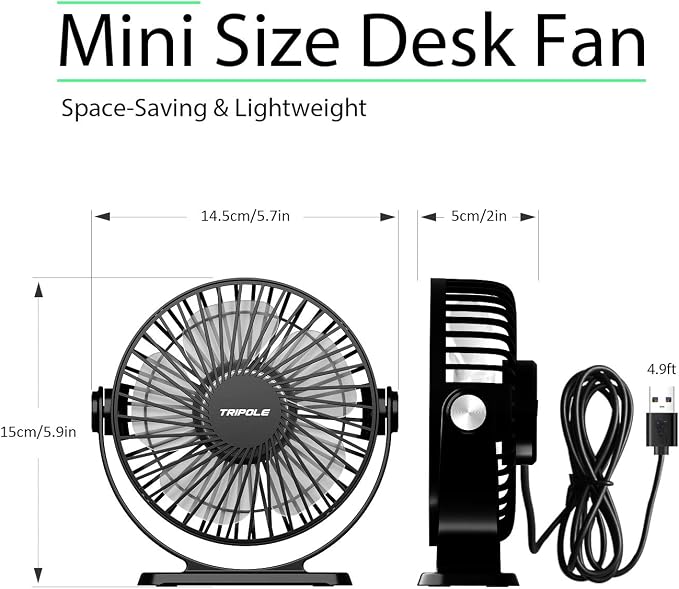 TriPole Small Desk Fan 2 Pack USB Powered Mini Portable Fan 360°Rotation | 3 Speeds Plug In USB Desk Fan Strong Airflow, 5.1" Small Quiet Personal Fan for Home Office Bedroom Hotel Travel, 4.9ft Cable