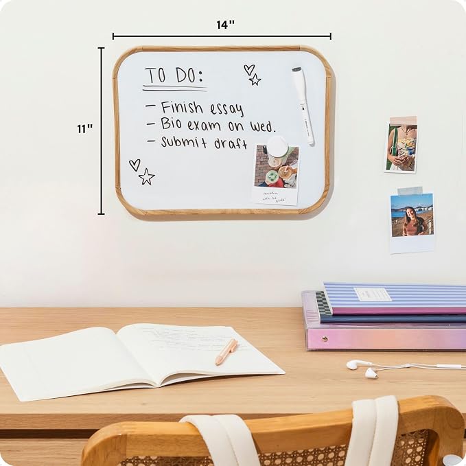 U Brands 11 x 14 Modern Bevel Dry Erase Board, Wood Grain Print, Includes Magnetic Marker and Magnet, Ghost-Free Surface
