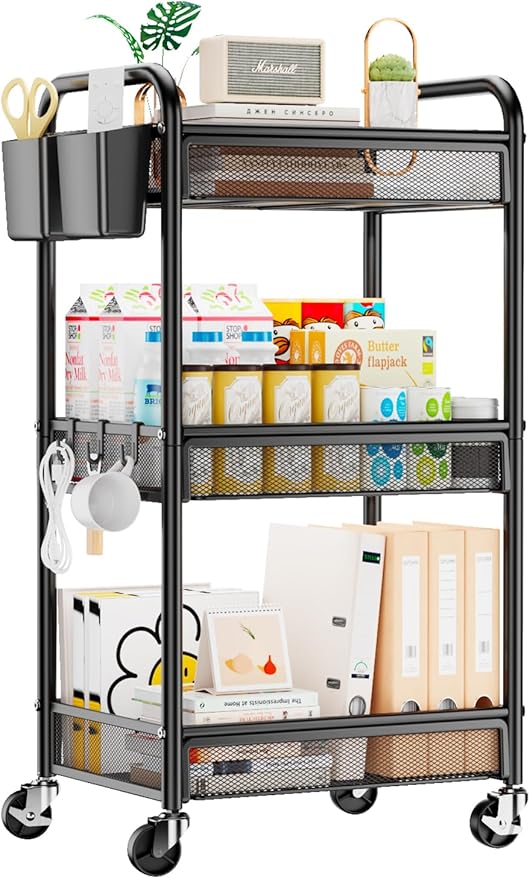 3 Tier Metal Rolling Cart, Black Utility Storage Cart with Wheels | Metal Mesh Craft Cart With Hooks & Hanging Cups, Ideal For Kitchen, Bathroom, Office, Dorm, Art Workspace, Bedside Storage