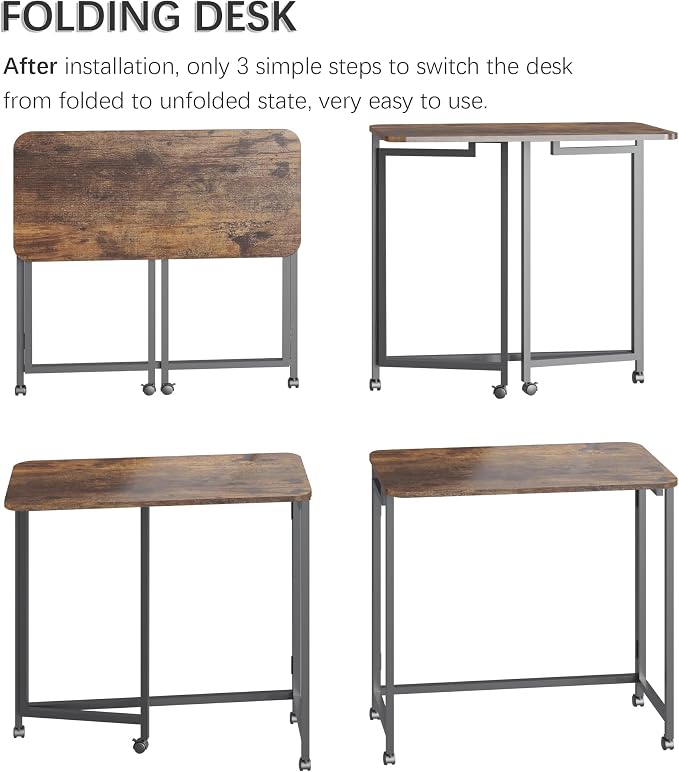 4NM 27.5" Mobile Small Rolling Computer Desk, Folding Laptop Cart Table with Wheels, Portable Office Desk for Small Space Couch Bed - Rustic Brown and Black