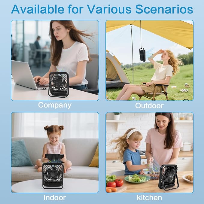 100-Speed Ultra-Quiet Desk Fan for Sleeping, 6.8" Rechargeable Portable Fan with LED Display, 180° Adjustable Head & Tripod Base - Battery/USB Powered Mini Fan for Office, Cruise, Travel (black)
