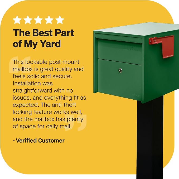 Adoorn Lockable Post Mount Mailboxes for Outside - Small Anti-Theft Locking Mailbox for Packages and Letters - Weatherproof Construction - Durable Steel - 12" H x 12" W x 18.5" D - Forest Green
