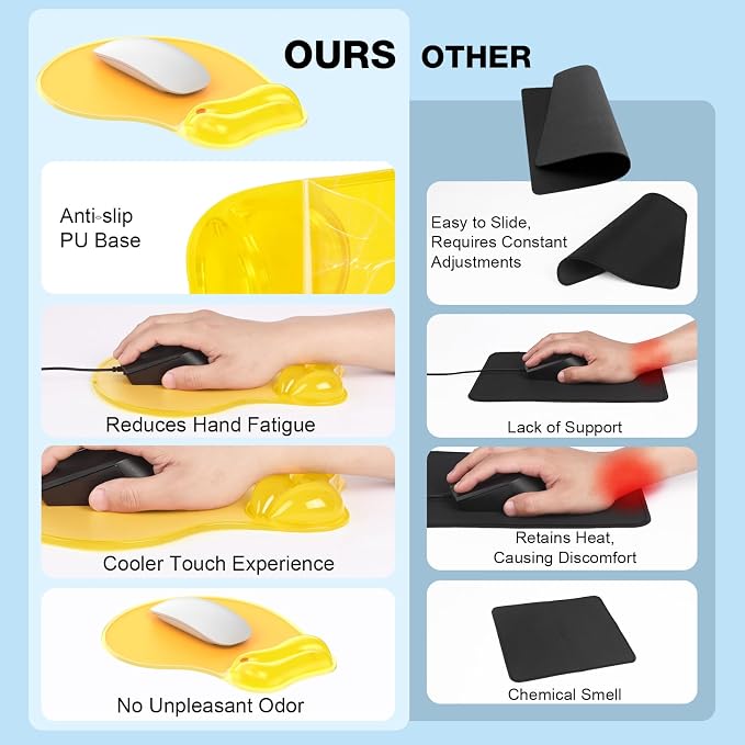 Gel Mouse Pad with Wrist Rest, Ergonomic for Laptop, Non-Slip Base | Cooling Gel Comfort, Soft Squishy Wrist Support, Easy to Clean, Non-Slip PU Base, for Office & Home Desk Yellow