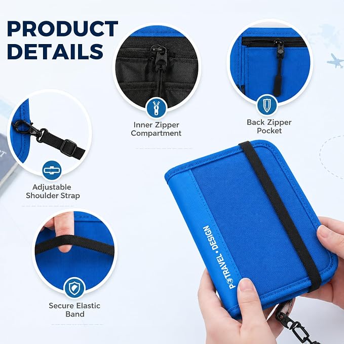 P.travel Passport Holder for Travel, RFID Blocking Passport Wallet with Adjustable Shoulder Strap, Holds 3 Passports, 4 Card Slots & AirTag Slot, Lightweight Travel Essentials for Men & Women
