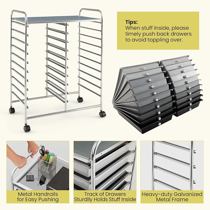 COSTWAY 20-Drawer Rolling Storage Cart, Utility Storage Organizer Cart | For Tools, Scrapbook, Paper, Craft, Multipurpose Storage Trolley on Wheels for Home Office School (Mixed Black)