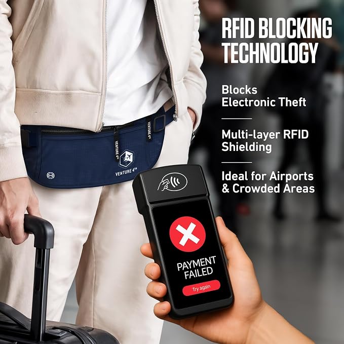 VENTURE 4TH Travel Money Belt, RFID Blocking Passport Holder - Navy Blue