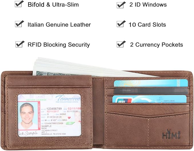 HIMI Wallet for Men-Genuine Leather RFID Blocking Bifold Stylish Wallet With 2 ID Window