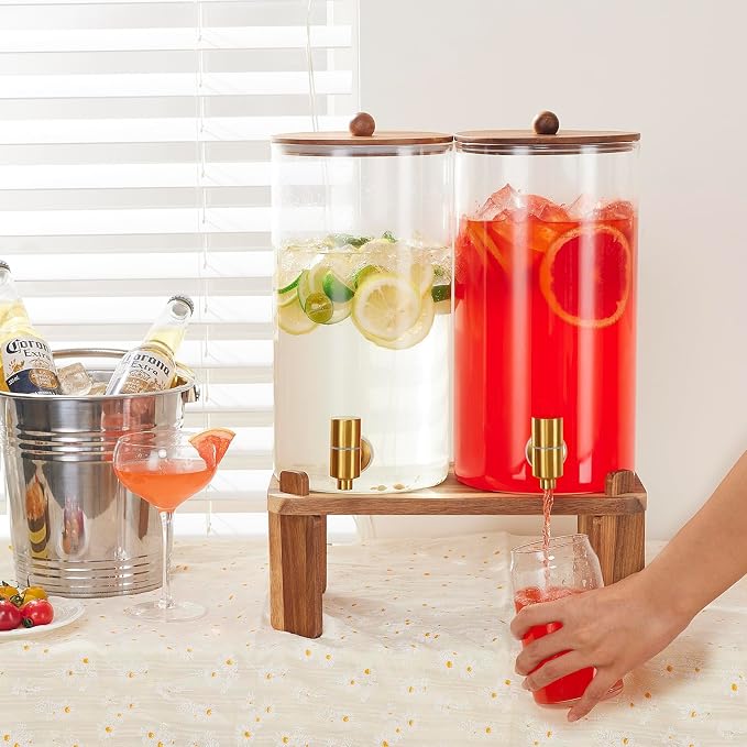 FavorFlavor 1.5 Gallon Drink Dispenser: 2P Glass Dispenser w/Wood Stand | 6L large Capacity-Stainless Steel Spigot-Beverage Container for Lemonade/Juice/Sun Tea-Ideal for Home Gatherings&Party Drink