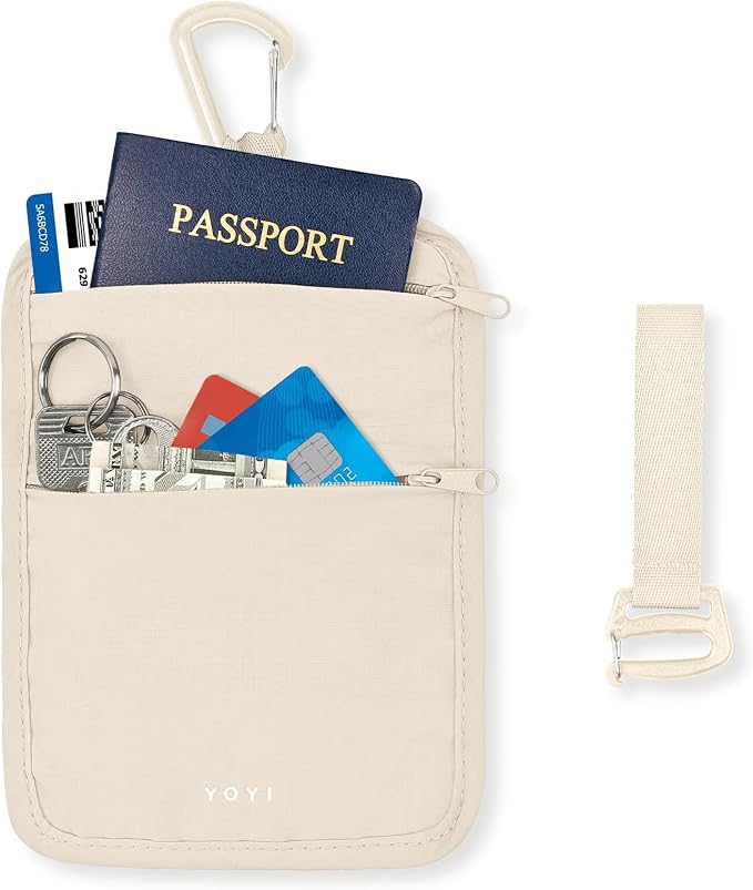 Anti-Theft Belt Waist Travel Wallet Hidden Passport 3-Zone Clip Carabiner | Water-resistant fabric with RFID blocking liner, fits passport, tickets, cards, and cash in 3 zones