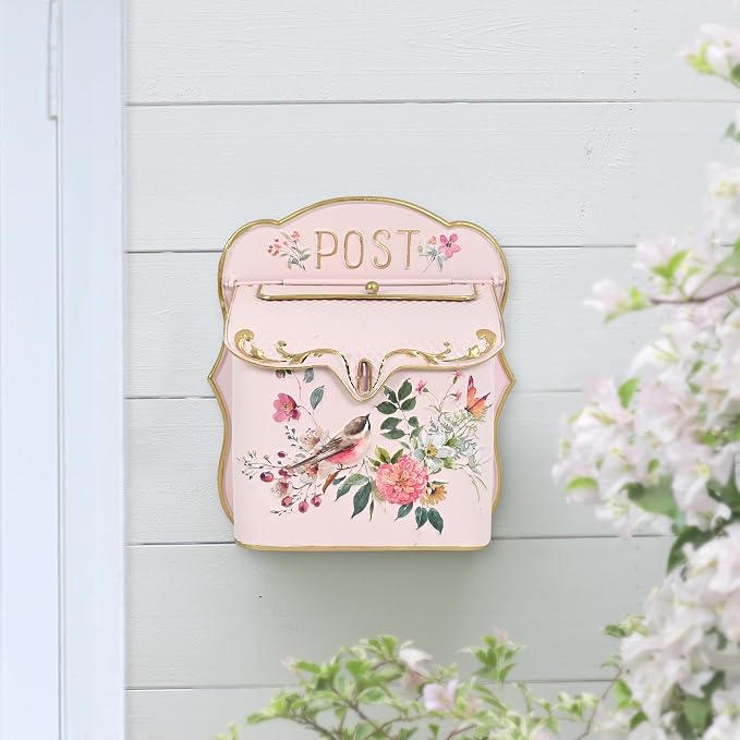 BIG FORTUNE Wall Mount Mailbox for House Outside Vintage Metal Door Mailbox Antique Style Nostalgic Charm Home Decor Garden Vintage English Cottage Decor Flower Patter (Pink)