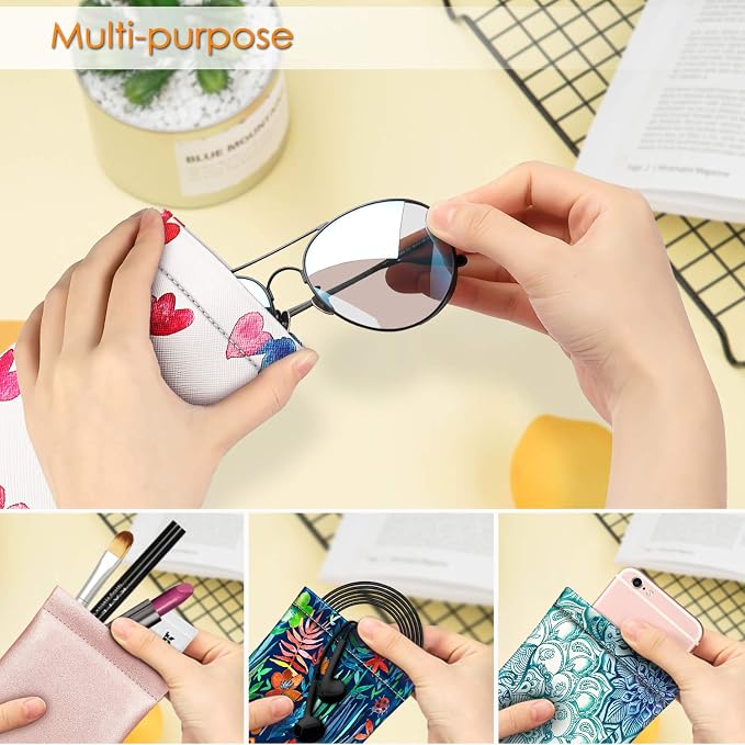 FINTIE Soft Eyeglasses Case with Cleaning Cloth, Portable Squeeze Top Vegan Leather Glasses Pouch, Sunglasses Eyewear Bag