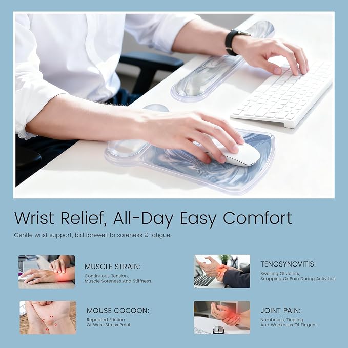 Ospelelf Mouse Pad with Wrist Rest and Ergonomic Gel Keyboard Hand Wrist, Support for Typing Gaming, Relieve Wrist Pain, Cool & Easy to Clean, for Office, Programmer, Home Computer Use, Silvery