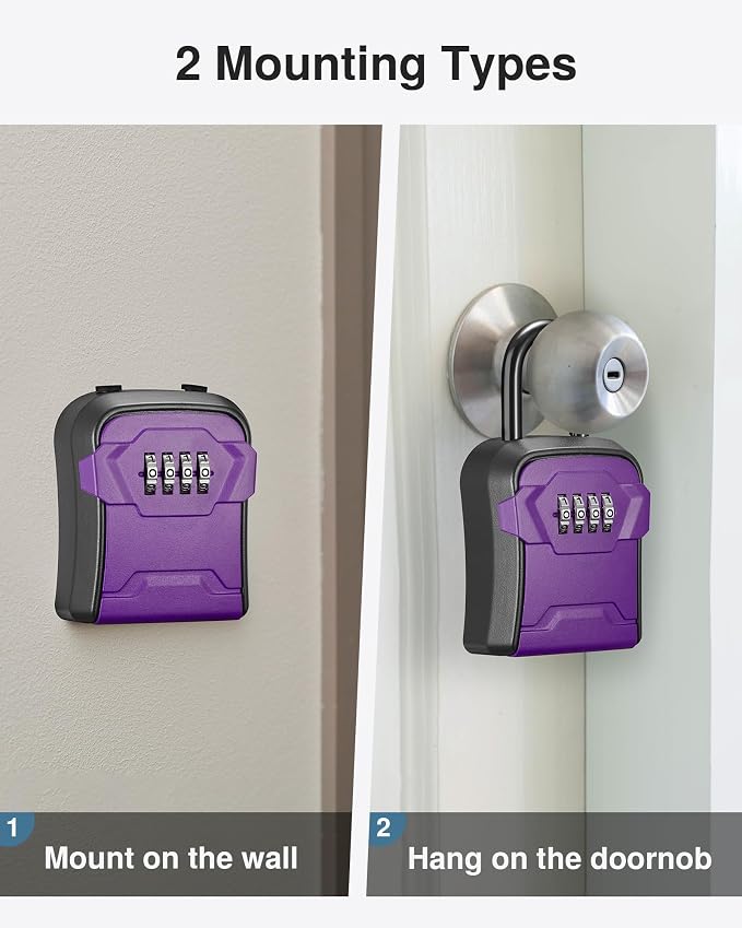 Puroma Lock Box, Key Lock Box Wall Mount & Portable Combination Lockbox with Resettable Code, Security Lockbox for Outside House Keys, Apartment Realtors Spare Keys Storage (1 Pack, Purple)