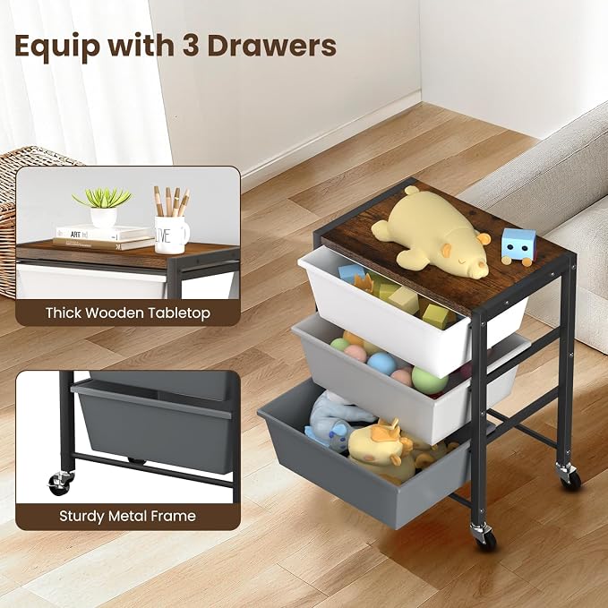 Rolling Cart with 3 Drawers, Plastic Drawer Storage Carts with Lockable Wheels & Wooden Tabletop, Metal Utility Cart Organizer, Office Bedroom Classroom Craft Organization and Storage, Dark Grey