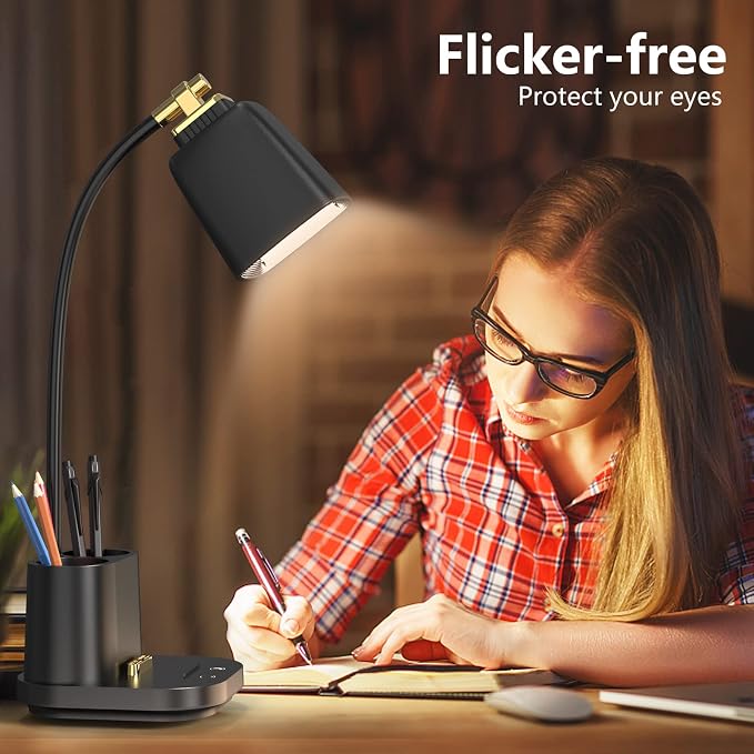 LED Desk Lamp with USB Charging Port Touch Control 3 Color Modes, Stepless Dimming,Eye-Caring LED Table Lamp for Home,Office,Bedroom,Reading,Work,Study,Gooseneck Lamp, 5V, 2.4A