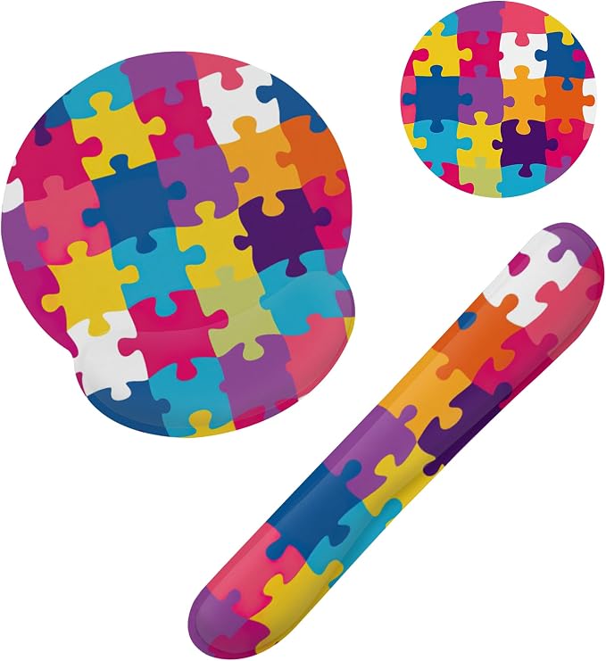 Autism Awareness Puzzle Colorful Keyboard Wrist Rest Pad and Mouse Pad Wrist Support Set,3-in-1 Ergonomic Mouse Pad with Non-Slip Rubber Base for Home Office Game Computers Desk,