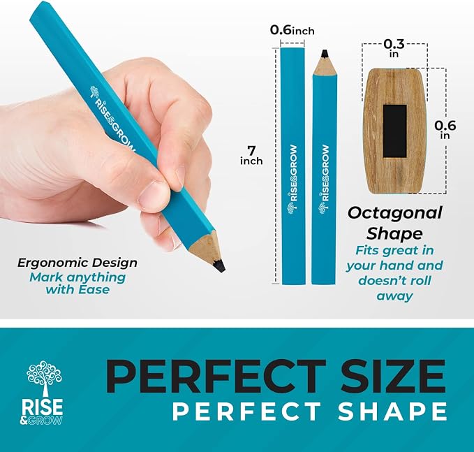 Rise & Grow 50 Set, Blue Carpenters Pencils Bulk 7” – HB Lead Flat Construction Pencils for Men and Women - Woodworking Pencil for Marking Wood, Concrete and Plastic (Blue)